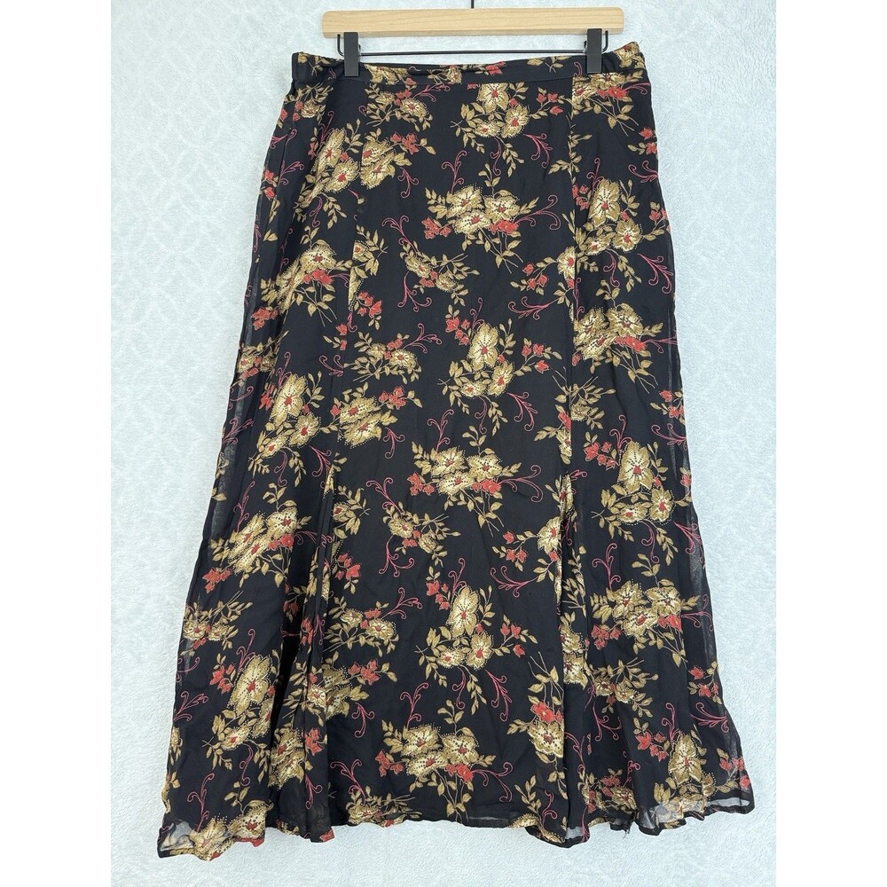 Vtg Y2K Midi Skirt 14 Black Floral Dark Romantic Fairycore Whimsigoth Boho 90s